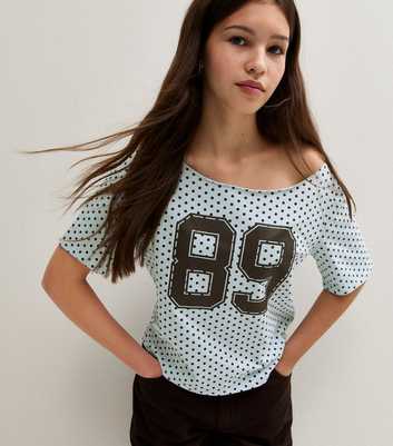 Girls Light Blue Cotton Rich 89 Spot Print Slash Neck T-Shirt