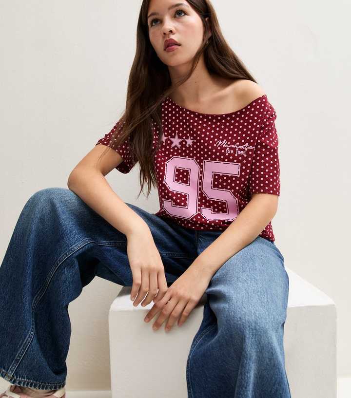 Girls Dark Burgundy Cotton Rich 95 Spot Print Slash Neck T-Shirt