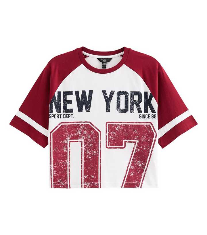 Girls Red Cotton New York Boxy Raglan T-Shirt