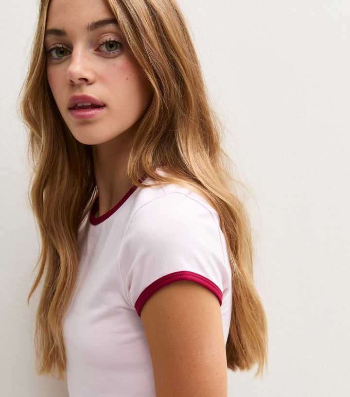 Girls Light Pink Cotton Rich Contrast Trim Ringer T-Shirt