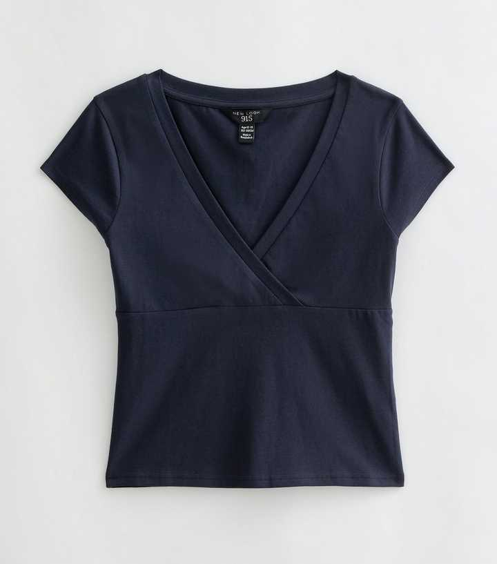 Girls Navy Cotton Rich Wrap V-Neck T-Shirt