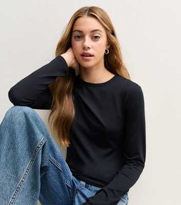 Girls Black Slinky Crew Neck Long Sleeve T-Shirt