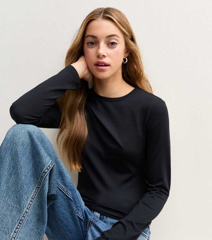Girls Black Slinky Crew Neck Long Sleeve T-Shirt