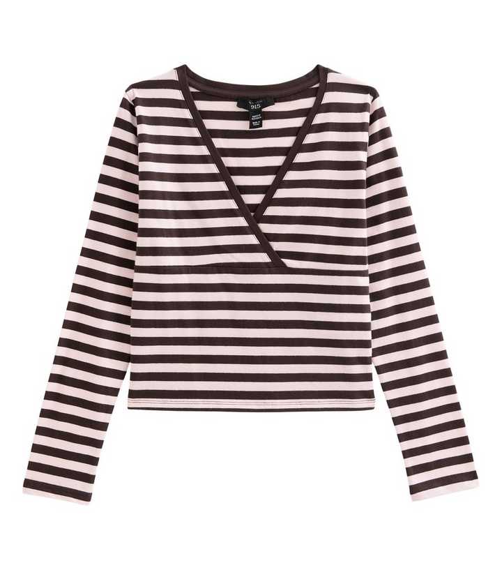 Girls Brown Stripe Cross Over Long Sleeve Top