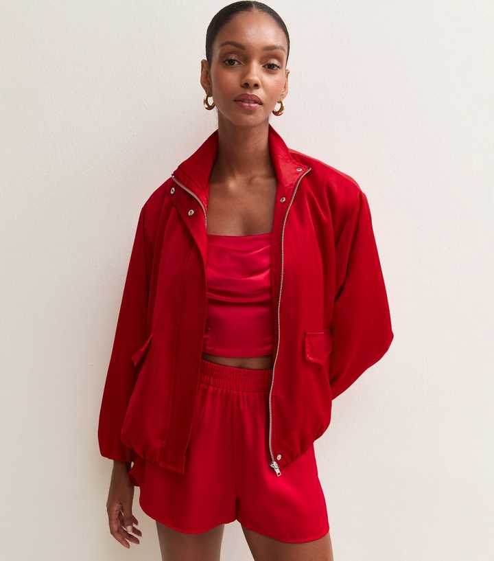 Bright Red Satin Funnel Neck Bomber Jacket
