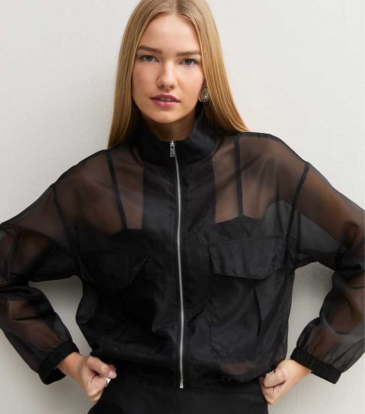 Black Sheer Organza Funnel Neck Jacket