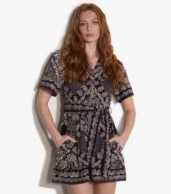 Apricot Navy Cotton Scarf Print Mini Dress