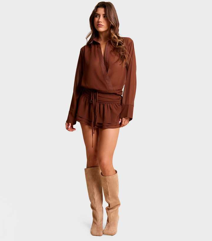 Public Desire Dark Brown Long Sleeve Wrap Shirt Ruffle Mini Dress