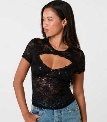 Pink Vanilla Black Sequin Lace Cut Out T-Shirt