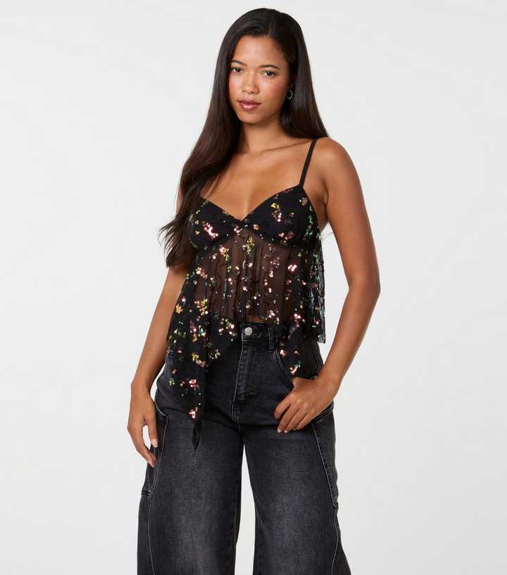 Pink Vanilla Black Mesh Sequin Babydoll Top
