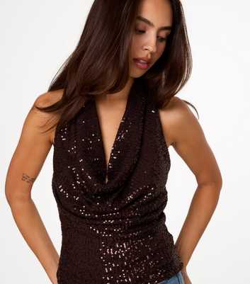 Pink Vanilla Dark Brown Sequin Cowl Neck Top