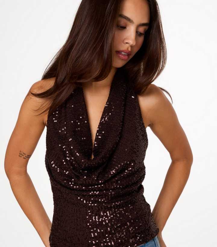 Pink Vanilla Dark Brown Sequin Cowl Neck Top
