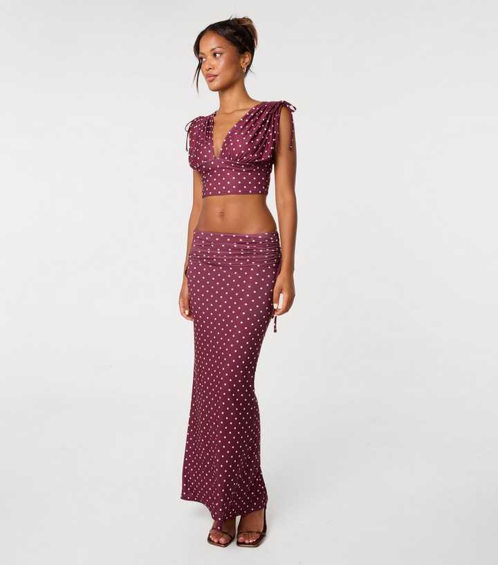 Pink Vanilla Dark Burgundy Polka Dot Ruched Maxi Skirt