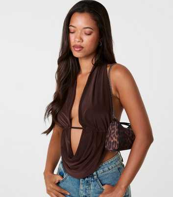 Pink Vanilla Dark Brown Halter Drape Front Tie Back Top