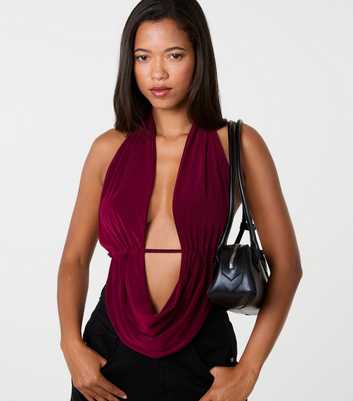 Pink Vanilla Dark Red Halter Drape Front Tie Back Top
