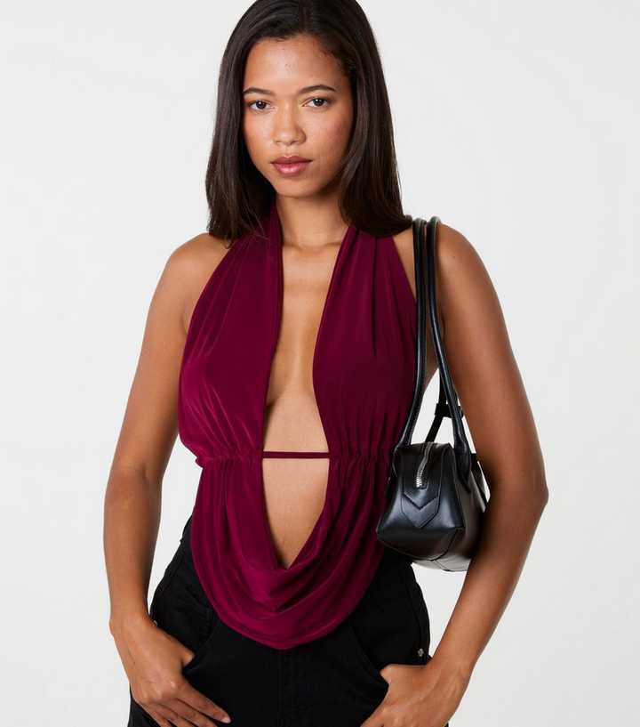 Pink Vanilla Dark Red Halter Drape Front Tie Back Top