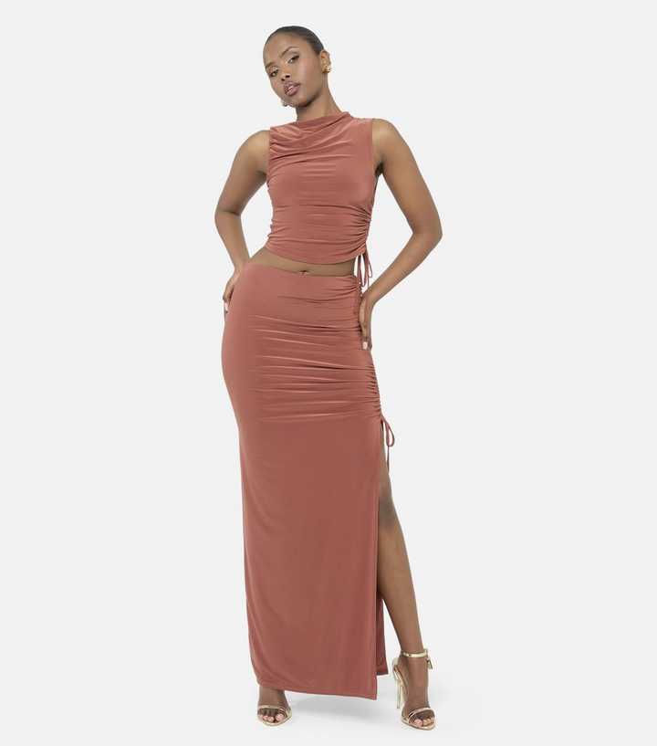 Public Desire Rust Slinky Ruched Maxi Skirt