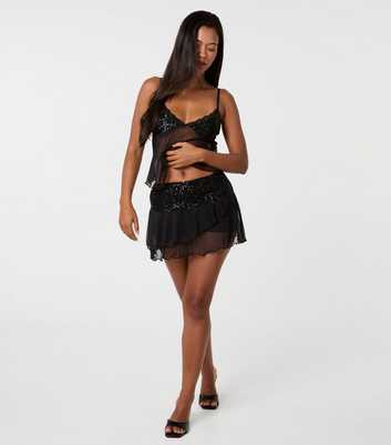 Pink Vanilla Black Sequin Trim Mesh Mini Skirt