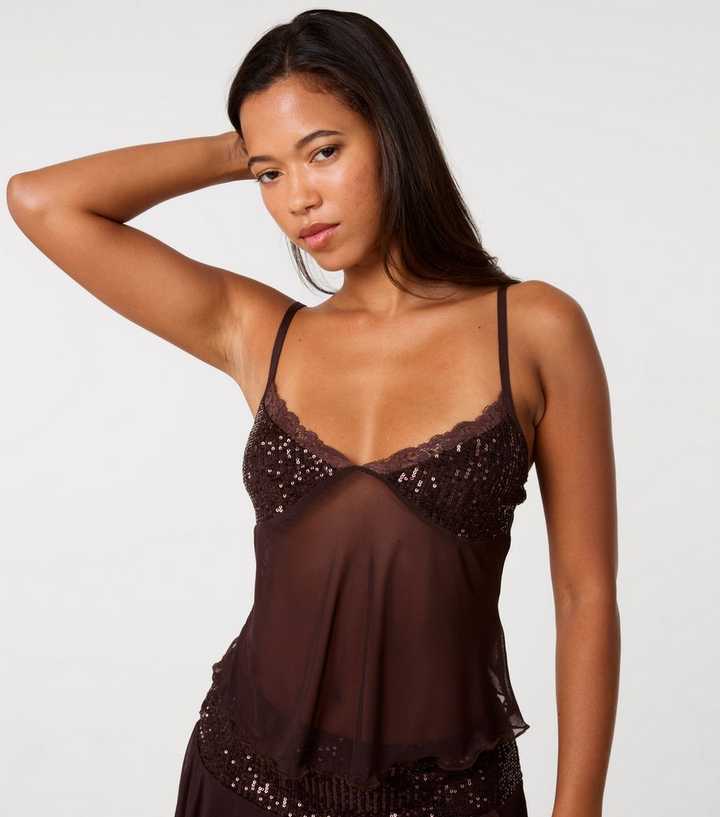 Pink Vanilla Dark Brown Sequin Trim Mesh Top