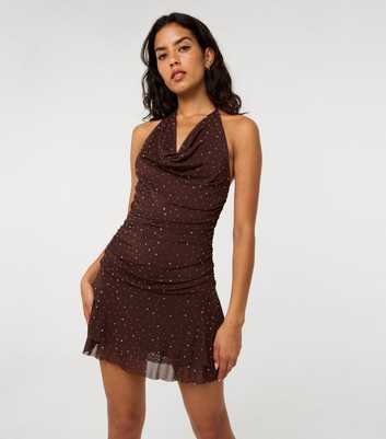 Pink Vanilla Dark Brown Mesh Jersey Diamante Halter Mini Dress