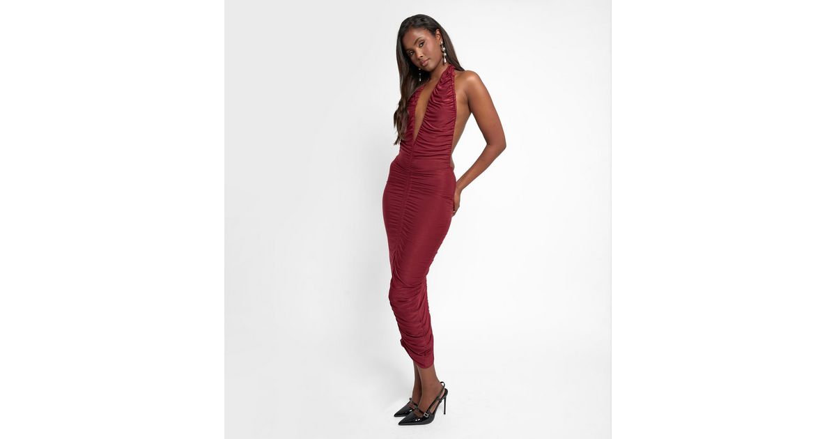 Public Desire Dark Burgundy Ruched Plunge Neck Maxi Dress