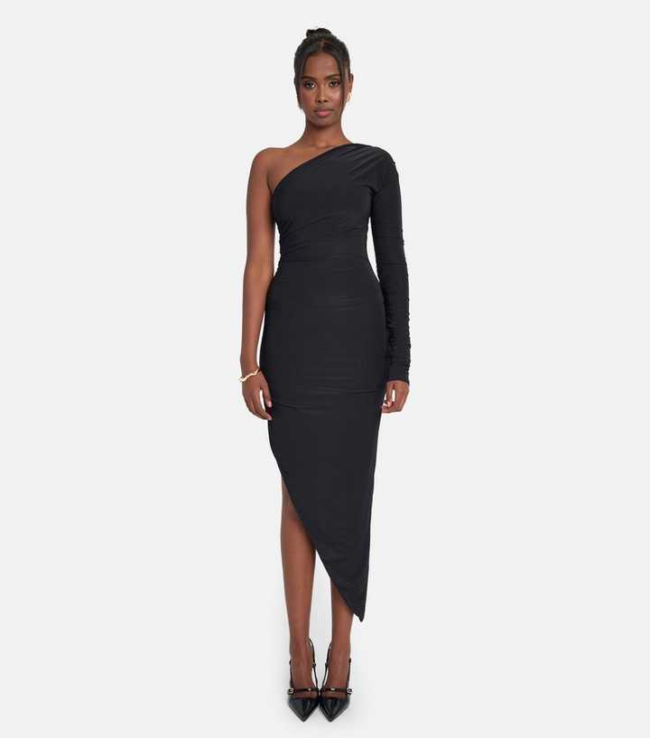 Public Desire Black Ruched One Shoulder Asymmetrical Hem Maxi Dress