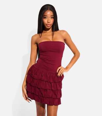 Public Desire Dark Burgundy Bandeau Ruffle Skirt Mini Dress