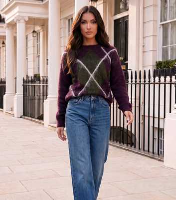 AX Paris Burgundy Argyle Crew Neck Jumper