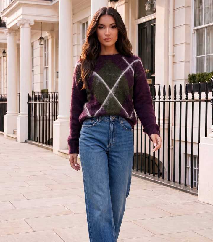 AX Paris Burgundy Argyle Crew Neck Jumper