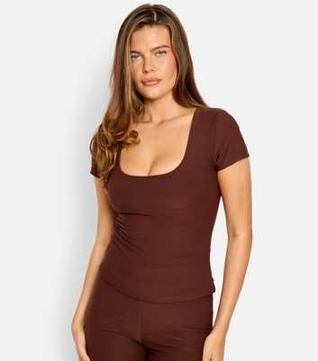 Public Desire Dark Brown Scoop Neck Fitted Top