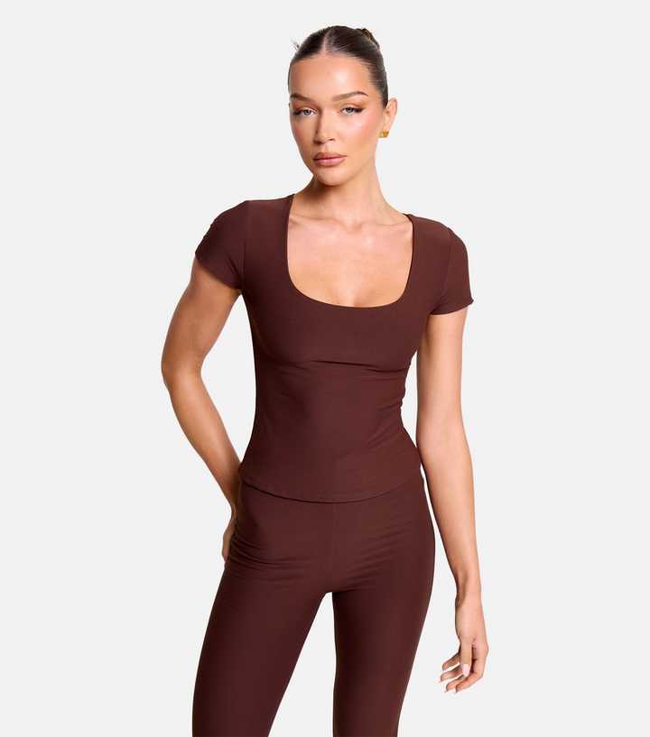 Public Desire Dark Brown Scoop Neck Fitted Top