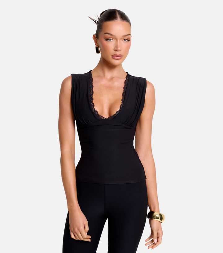 Public Desire Black Lace Trim V Neck Vest Top