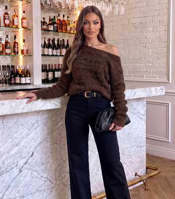 AX Paris Dark Brown Brushed Knit Animal Pattern Off Shoulder Jumper