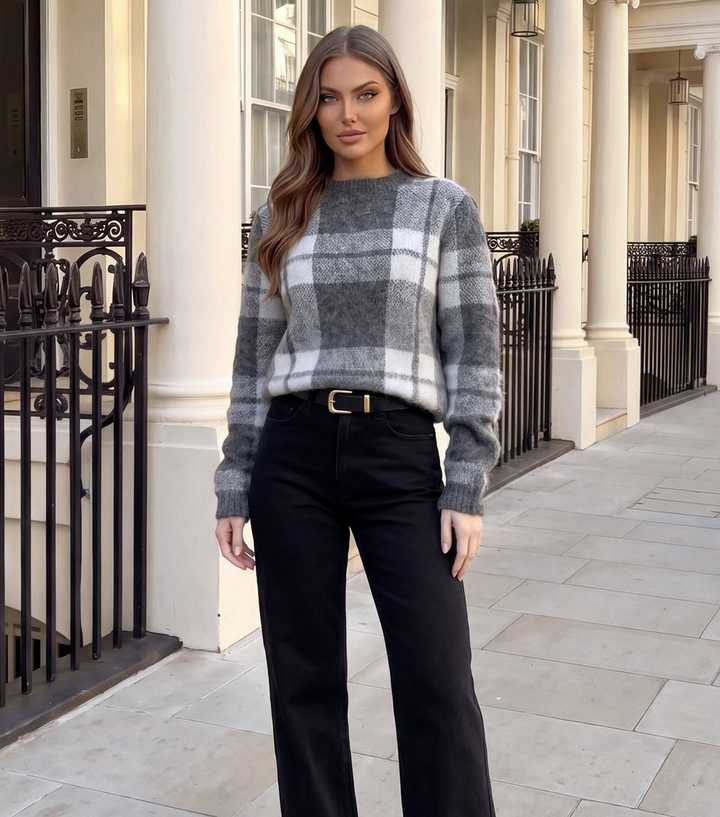 AX Paris Grey Check Brushed Knit Jumper