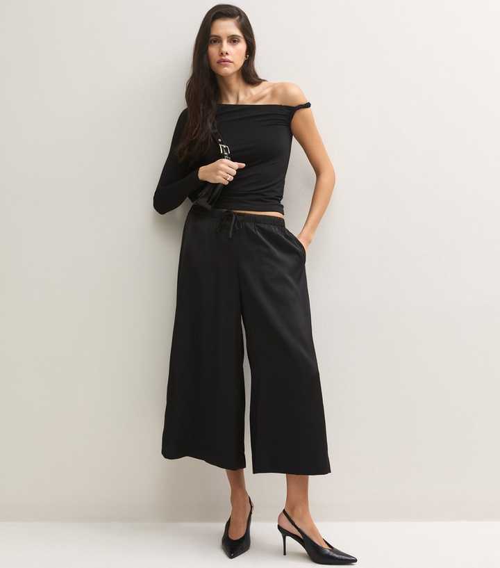 Black Satin Drawstring Crop Trousers