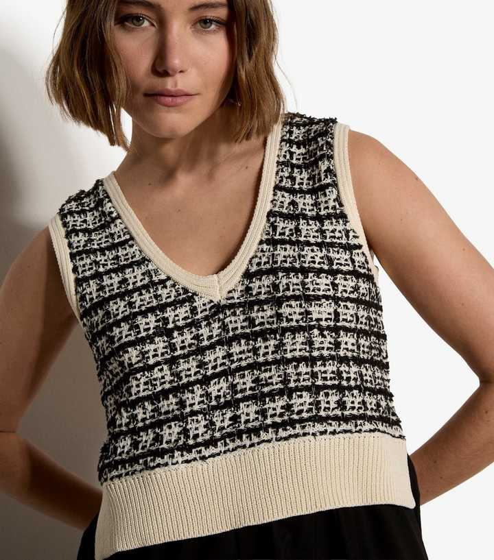 Apricot Black Houndstooth Check V Neck Sleeveless Knit 2 in 1 Midi Dress