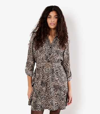 Apricot Black Leopard Print Belt Shirt Mini Dress
