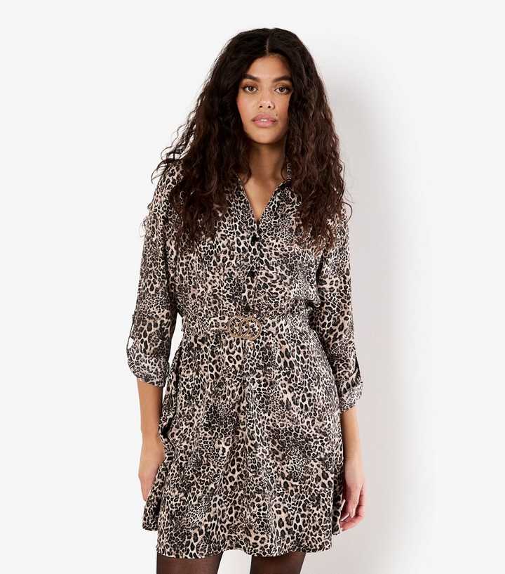Apricot Black Leopard Print Belt Shirt Mini Dress