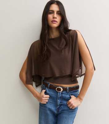 Brown Mesh Slash Neck Cape Top