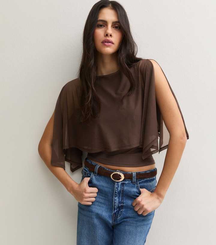 Brown Mesh Slash Neck Cape Top