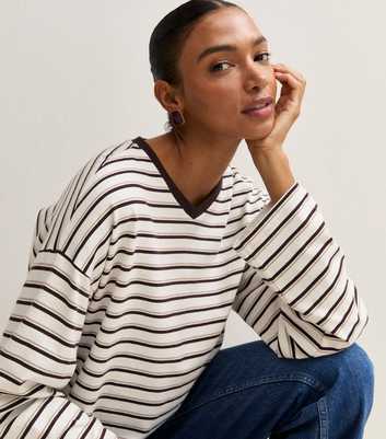 Cream Cotton Striped V Neck Long Sleeve T-Shirt