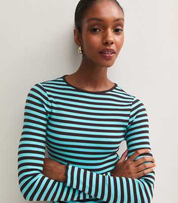 Blue Striped Cotton Rich Ribbed Jersey Lettuce Hem Long Sleeve Top