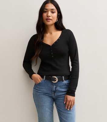 Petite Black Cotton Rich Henley Button V-Neck Long Sleeve Top