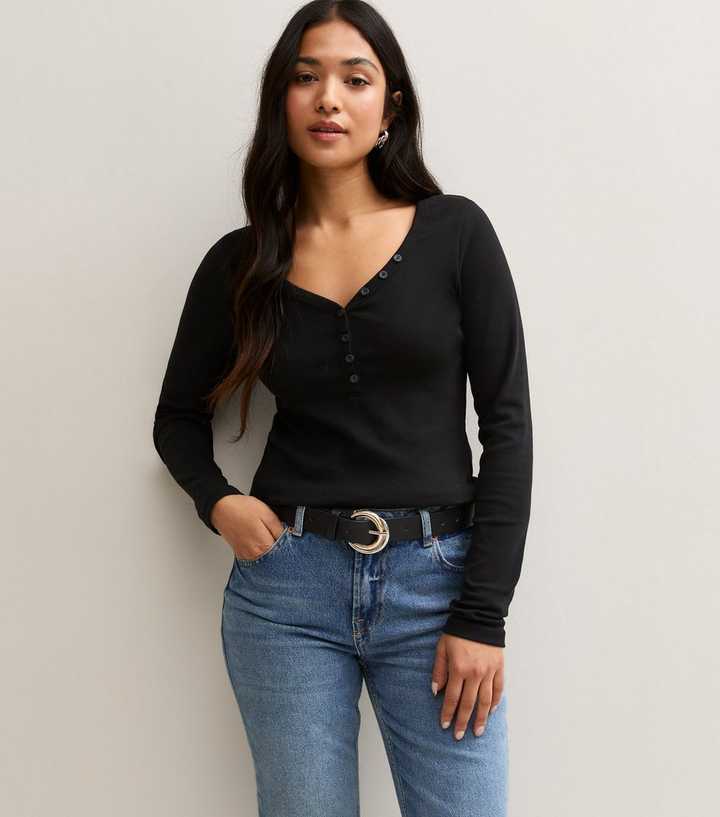 Petite Black Cotton Rich Henley Button V-Neck Long Sleeve Top