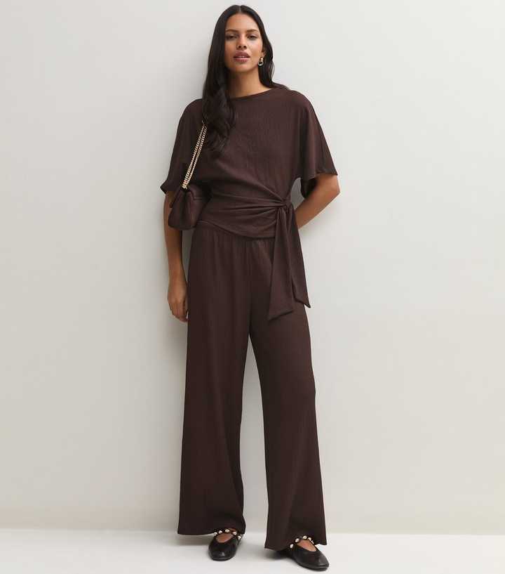 Dark Brown Crinkle Texture Wide Leg Trousers