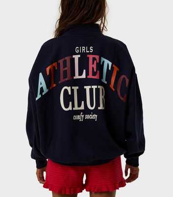 Skinnydip Navy Cotton Rich 3/4 Zip Athletic Club Print Sweatshirt