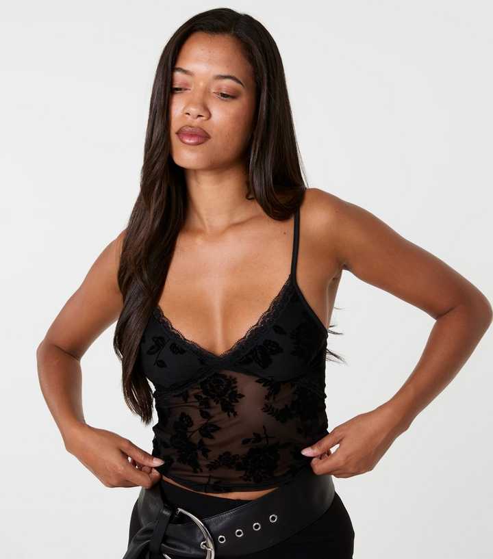 Pink Vanilla Black Floral Flocked Cami Vest Top