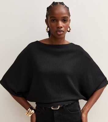 Black Crinkle Texture Wide Neck Top