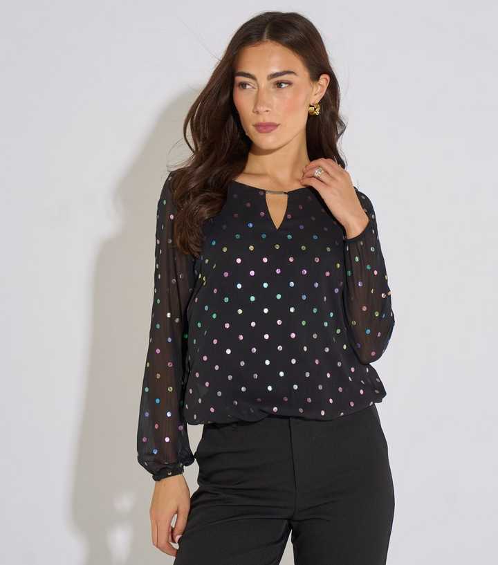 Gini London Black Spot Print Semi Sheer Sleeve Top