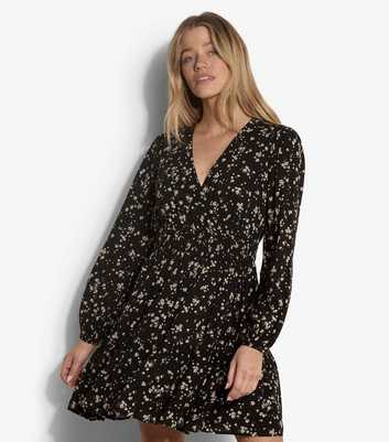 Apricot Black Daisy Print Wrap Tiered Dress